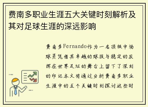 费南多职业生涯五大关键时刻解析及其对足球生涯的深远影响