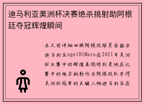 迪马利亚美洲杯决赛绝杀挑射助阿根廷夺冠辉煌瞬间